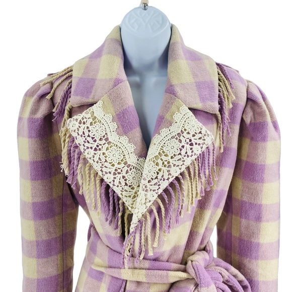LoveShackFancy NEW Dumont Lilac Plaid Lace Fringe Wool Puff Sleeve Jacket Size S - Picture 3 of 8